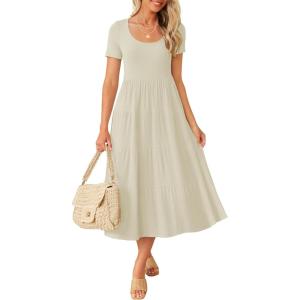 imageZESICA Womens Summer Casual T Shirt Dress Short Sleeve Scoop Neck Flowy Tiered Beach Midi Dresses with PocketsApricot