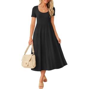 imageZESICA Womens Summer Casual T Shirt Dress Short Sleeve Scoop Neck Flowy Tiered Beach Midi Dresses with PocketsDarkblack