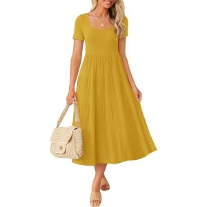 imageZESICA Womens Summer Casual T Shirt Dress Short Sleeve Scoop Neck Flowy Tiered Beach Midi Dresses with PocketsMustard