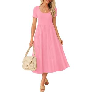 imageZESICA Womens Summer Casual T Shirt Dress Short Sleeve Scoop Neck Flowy Tiered Beach Midi Dresses with PocketsPink
