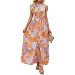 imageZESICA Womens Summer Halter Neck Floral Print Backless Split Beach Party Maxi DressTangerine