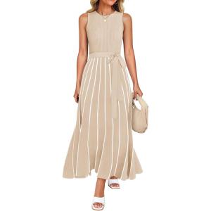 imageZESICA Womens Summer Spring Midi Dress 2025 Sleeveless Ribbed Knit Tie Waist Casual A Line Sweater DressesApricot