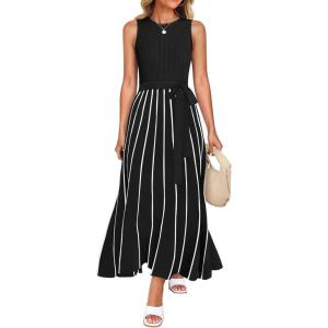 imageZESICA Womens Summer Spring Midi Dress 2025 Sleeveless Ribbed Knit Tie Waist Casual A Line Sweater DressesBlack