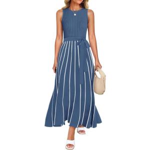 imageZESICA Womens Summer Spring Midi Dress 2025 Sleeveless Ribbed Knit Tie Waist Casual A Line Sweater DressesDustyblue
