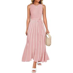 imageZESICA Womens Summer Spring Midi Dress 2025 Sleeveless Ribbed Knit Tie Waist Casual A Line Sweater DressesDustypink
