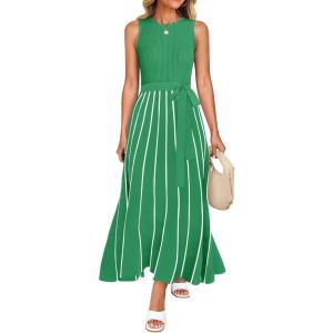 imageZESICA Womens Summer Spring Midi Dress 2025 Sleeveless Ribbed Knit Tie Waist Casual A Line Sweater DressesGreen