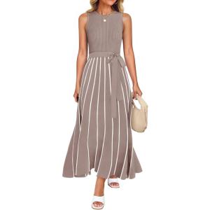 imageZESICA Womens Summer Spring Midi Dress 2025 Sleeveless Ribbed Knit Tie Waist Casual A Line Sweater DressesKhaki