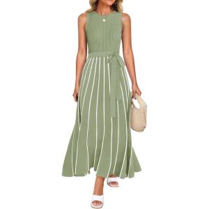 imageZESICA Womens Summer Spring Midi Dress 2025 Sleeveless Ribbed Knit Tie Waist Casual A Line Sweater DressesLightgreen