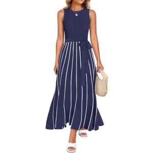 imageZESICA Womens Summer Spring Midi Dress 2025 Sleeveless Ribbed Knit Tie Waist Casual A Line Sweater DressesNavy