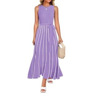 imageZESICA Womens Summer Spring Midi Dress 2025 Sleeveless Ribbed Knit Tie Waist Casual A Line Sweater DressesPurple