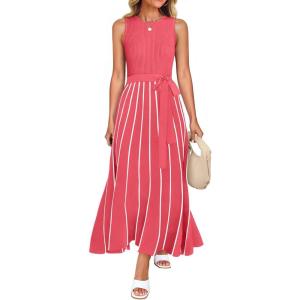 imageZESICA Womens Summer Spring Midi Dress 2025 Sleeveless Ribbed Knit Tie Waist Casual A Line Sweater DressesWatermelon