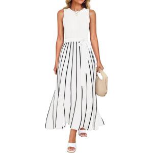 imageZESICA Womens Summer Spring Midi Dress 2025 Sleeveless Ribbed Knit Tie Waist Casual A Line Sweater DressesWhite