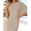 imageZESICA Womens 2025 Summer Casual Mock Neck Bodycon Mini Dress Cap Sleeve Slim Fit Ribbed Knit Short Sweater DressesApricot