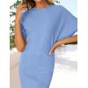 imageZESICA Womens 2025 Summer Casual Mock Neck Bodycon Mini Dress Cap Sleeve Slim Fit Ribbed Knit Short Sweater DressesBlue