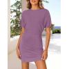 imageZESICA Womens 2025 Summer Casual Mock Neck Bodycon Mini Dress Cap Sleeve Slim Fit Ribbed Knit Short Sweater DressesPurple