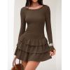 imageZESICA Womens Long Sleeve Bodycon Mini Dress Crew Neck Ribbed Knit Casual Ruffle Tiered Flowy Cocktail Party DressesCoffee