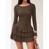 imageZESICA Womens Long Sleeve Bodycon Mini Dress Crew Neck Ribbed Knit Casual Ruffle Tiered Flowy Cocktail Party DressesCoffee