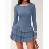 imageZESICA Womens Long Sleeve Bodycon Mini Dress Crew Neck Ribbed Knit Casual Ruffle Tiered Flowy Cocktail Party DressesDustyblue
