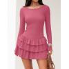 imageZESICA Womens Long Sleeve Bodycon Mini Dress Crew Neck Ribbed Knit Casual Ruffle Tiered Flowy Cocktail Party DressesPink