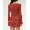 imageZESICA Womens Long Sleeve Bodycon Mini Dress Crew Neck Ribbed Knit Casual Ruffle Tiered Flowy Cocktail Party DressesRust