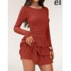 imageZESICA Womens Long Sleeve Bodycon Mini Dress Crew Neck Ribbed Knit Casual Ruffle Tiered Flowy Cocktail Party DressesRust