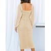 imageZESICA Womens Sexy Ruched Bodycon Midi Dress Long Puff Sleeve Square Neck Backless Cocktail Party Wedding DressesApricot