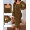 imageZESICA Womens Sexy Ruched Bodycon Midi Dress Long Puff Sleeve Square Neck Backless Cocktail Party Wedding DressesBrown