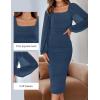 imageZESICA Womens Sexy Ruched Bodycon Midi Dress Long Puff Sleeve Square Neck Backless Cocktail Party Wedding DressesDarkblue