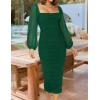 imageZESICA Womens Sexy Ruched Bodycon Midi Dress Long Puff Sleeve Square Neck Backless Cocktail Party Wedding DressesDarkgreen