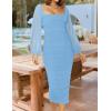 imageZESICA Womens Sexy Ruched Bodycon Midi Dress Long Puff Sleeve Square Neck Backless Cocktail Party Wedding DressesLightblue