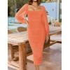 imageZESICA Womens Sexy Ruched Bodycon Midi Dress Long Puff Sleeve Square Neck Backless Cocktail Party Wedding DressesOrange
