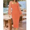 imageZESICA Womens Sexy Ruched Bodycon Midi Dress Long Puff Sleeve Square Neck Backless Cocktail Party Wedding DressesOrange