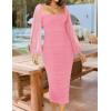 imageZESICA Womens Sexy Ruched Bodycon Midi Dress Long Puff Sleeve Square Neck Backless Cocktail Party Wedding DressesPink