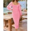 imageZESICA Womens Sexy Ruched Bodycon Midi Dress Long Puff Sleeve Square Neck Backless Cocktail Party Wedding DressesPink