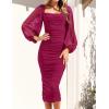 imageZESICA Womens Sexy Ruched Bodycon Midi Dress Long Puff Sleeve Square Neck Backless Cocktail Party Wedding DressesPlum