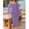 imageZESICA Womens Sexy Ruched Bodycon Midi Dress Long Puff Sleeve Square Neck Backless Cocktail Party Wedding DressesPurple