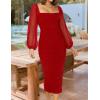 imageZESICA Womens Sexy Ruched Bodycon Midi Dress Long Puff Sleeve Square Neck Backless Cocktail Party Wedding DressesRed