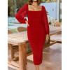imageZESICA Womens Sexy Ruched Bodycon Midi Dress Long Puff Sleeve Square Neck Backless Cocktail Party Wedding DressesRed