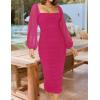 imageZESICA Womens Sexy Ruched Bodycon Midi Dress Long Puff Sleeve Square Neck Backless Cocktail Party Wedding DressesRose