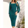 imageZESICA Womens Sexy Ruched Bodycon Midi Dress Long Puff Sleeve Square Neck Backless Cocktail Party Wedding DressesTeal