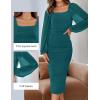 imageZESICA Womens Sexy Ruched Bodycon Midi Dress Long Puff Sleeve Square Neck Backless Cocktail Party Wedding DressesTeal