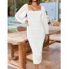 imageZESICA Womens Sexy Ruched Bodycon Midi Dress Long Puff Sleeve Square Neck Backless Cocktail Party Wedding DressesWhite