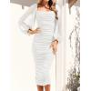 imageZESICA Womens Sexy Ruched Bodycon Midi Dress Long Puff Sleeve Square Neck Backless Cocktail Party Wedding DressesWhite