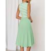 imageZESICA Womens Sleeveless Striped Midi Dress Summer Crewneck Button Knit Swing Pleated A Line Casual DressesGreen