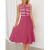 imageZESICA Womens Sleeveless Striped Midi Dress Summer Crewneck Button Knit Swing Pleated A Line Casual DressesRed