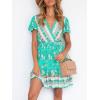 imageZESICA Womens Summer Wrap V Neck Bohemian Floral Print Ruffle Swing A Line Beach Mini DressAqua