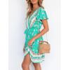 imageZESICA Womens Summer Wrap V Neck Bohemian Floral Print Ruffle Swing A Line Beach Mini DressAqua