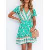 imageZESICA Womens Summer Wrap V Neck Bohemian Floral Print Ruffle Swing A Line Beach Mini DressAqua