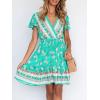 imageZESICA Womens Summer Wrap V Neck Bohemian Floral Print Ruffle Swing A Line Beach Mini DressAqua