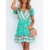 imageZESICA Womens Summer Wrap V Neck Bohemian Floral Print Ruffle Swing A Line Beach Mini DressAqua